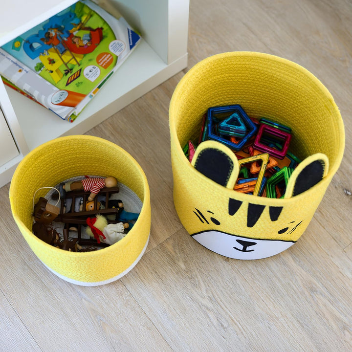 HMF Aufbewahrungskorb mit versteckten Griffen, 3er Set, Korb für Kinderzimmer aus Baumwolle | Tiger