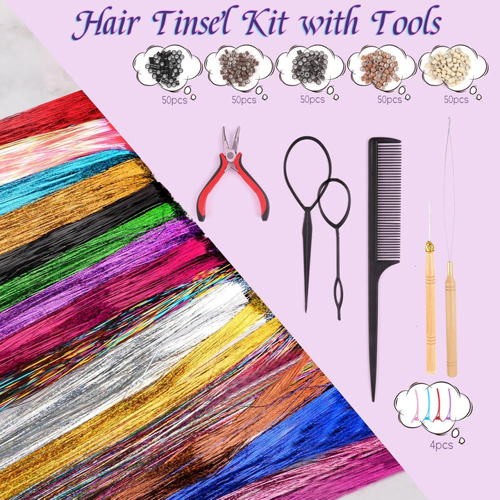 3200 Hair Tinsel,48 Inches Haar Lametta mit Werkzeug,16 Farben Glitzer Haarsträhnen zum Flechten Haa