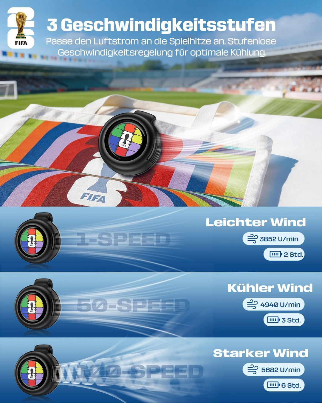 Offizielle FIFA WM 2026 Edition Clip Ventilator, Mini Ventilator mit Clip für Hemd und Taille, 360°