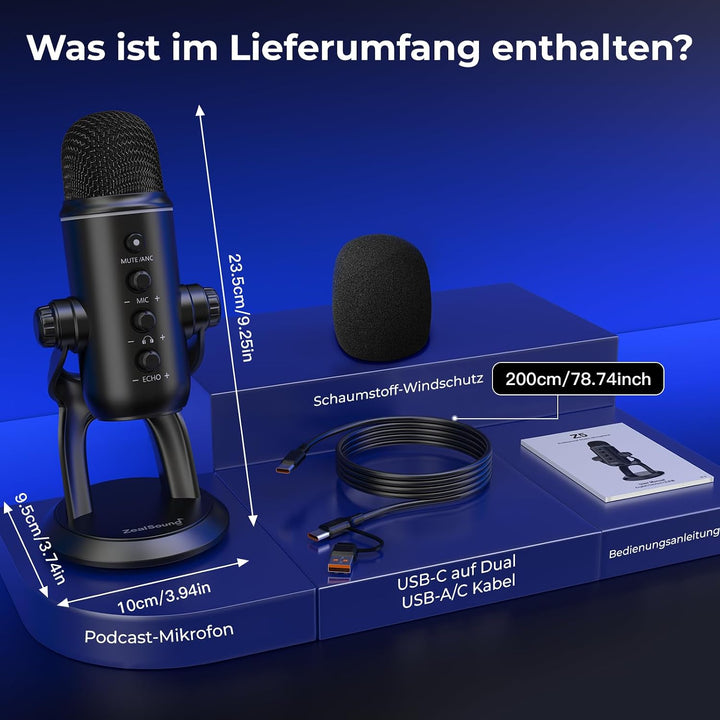 zealsound USB Mikrofon für PC &amp; Smartphone, Plug &amp; Play Podcast Mikrofon mit Rauschunterdrückung, St
