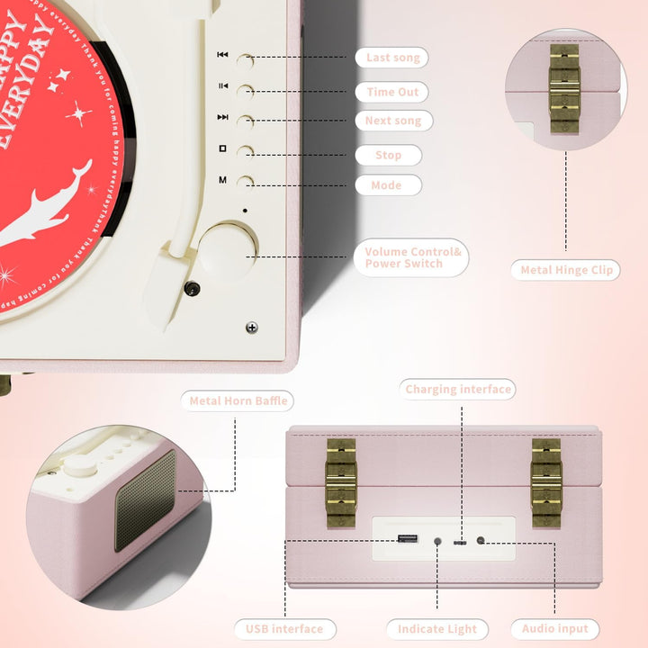 Yintiny Time Music Box CD-Player mit Lautsprechern für Zuhause (Rosa)