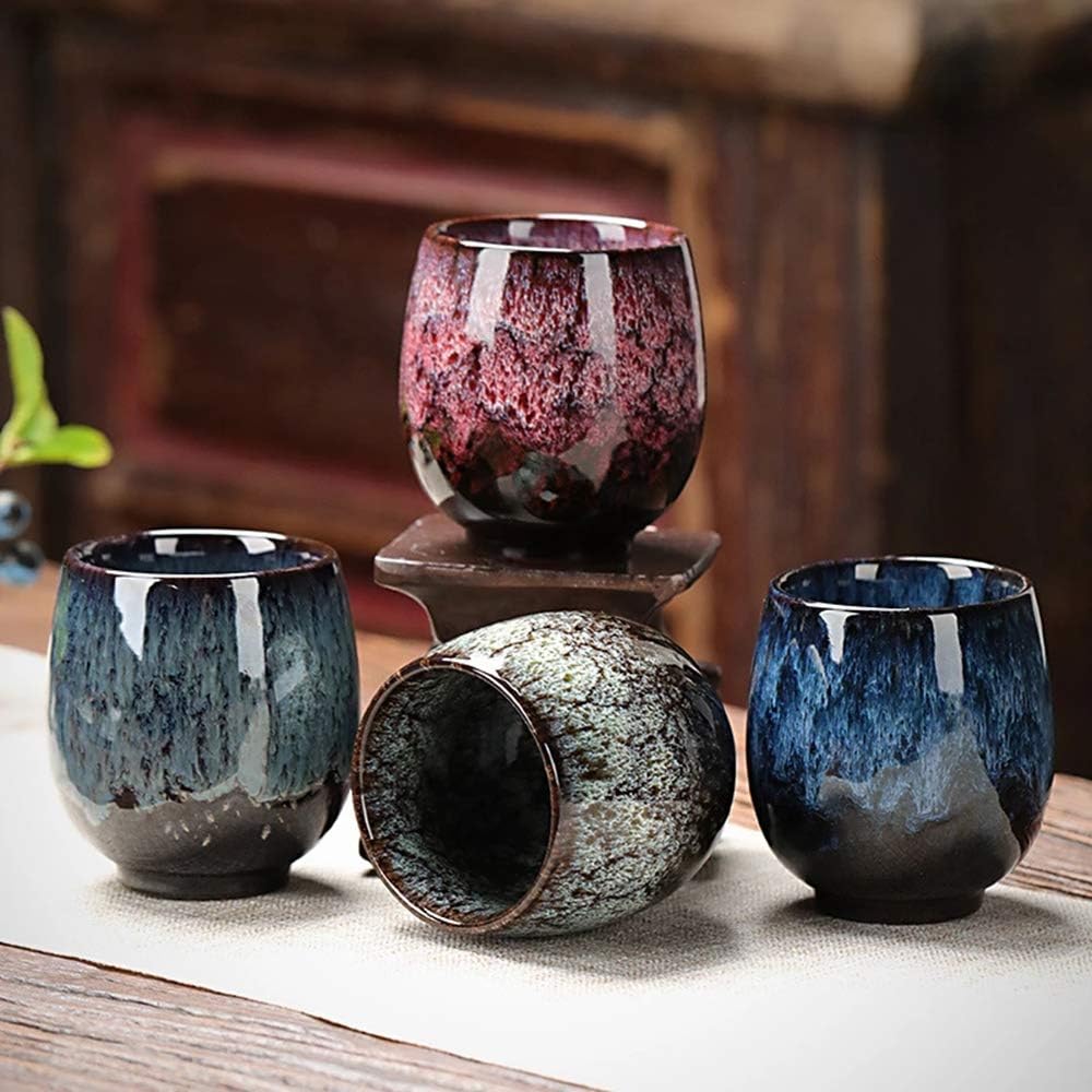 NBCDY Japanische Teetasse, Keramik-Teetassenset, handgefertigtes 4er-Set, mehrfarbige, flammglasiert