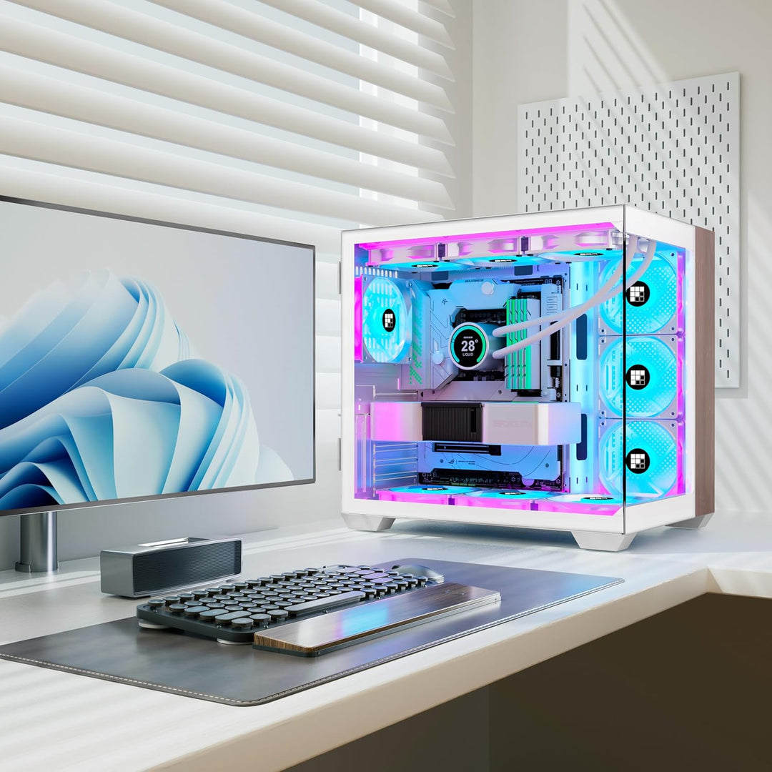 FOIFKIN PC Gehäuse -Holz Walnuss Frontplatte, Vorinstallierter 7 PWM ARGB Lüfter,ATX Mid-Tower Gamin