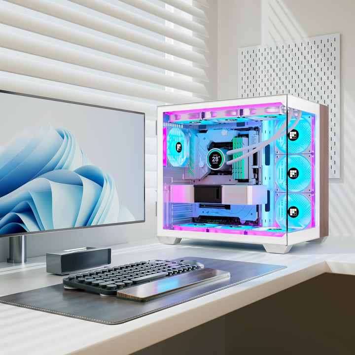 FOIFKIN PC Gehäuse -Holz Walnuss Frontplatte, Vorinstallierter 7 PWM ARGB Lüfter,ATX Mid-Tower Gamin