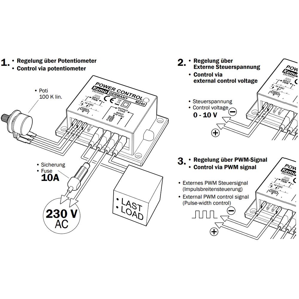 Kemo M240 Leistungsregler multifunktional 230 V/AC, 10 A. Für Motoren, Lampen, dimmbare LEDs usw. Üb