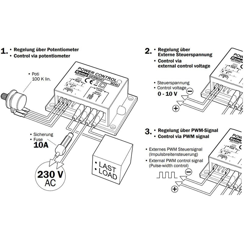 Kemo M240 Leistungsregler multifunktional 230 V/AC, 10 A. Für Motoren, Lampen, dimmbare LEDs usw. Üb