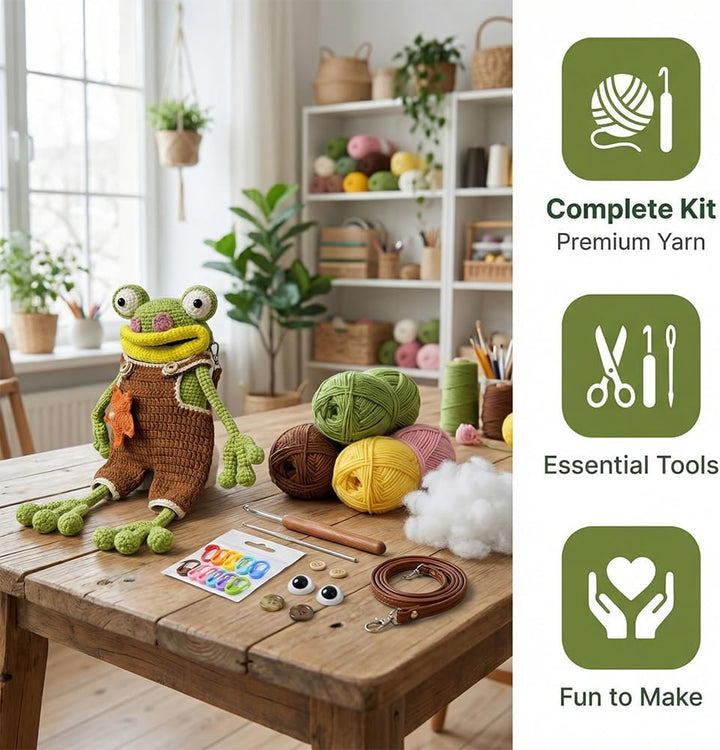 OPVXZAD DIY Häkeln Frosch Handytasche Set Handgemachter Frosch Umhängetasche mit Garn Füllwatte Zube
