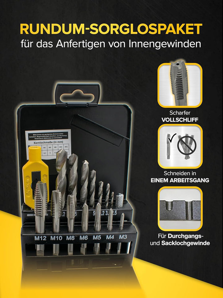Gewindeschneider Set [aus HSS Stahl | mit Kernlochbohrer Satz] - 15 tlg. Gewindebohrer Set in belieb