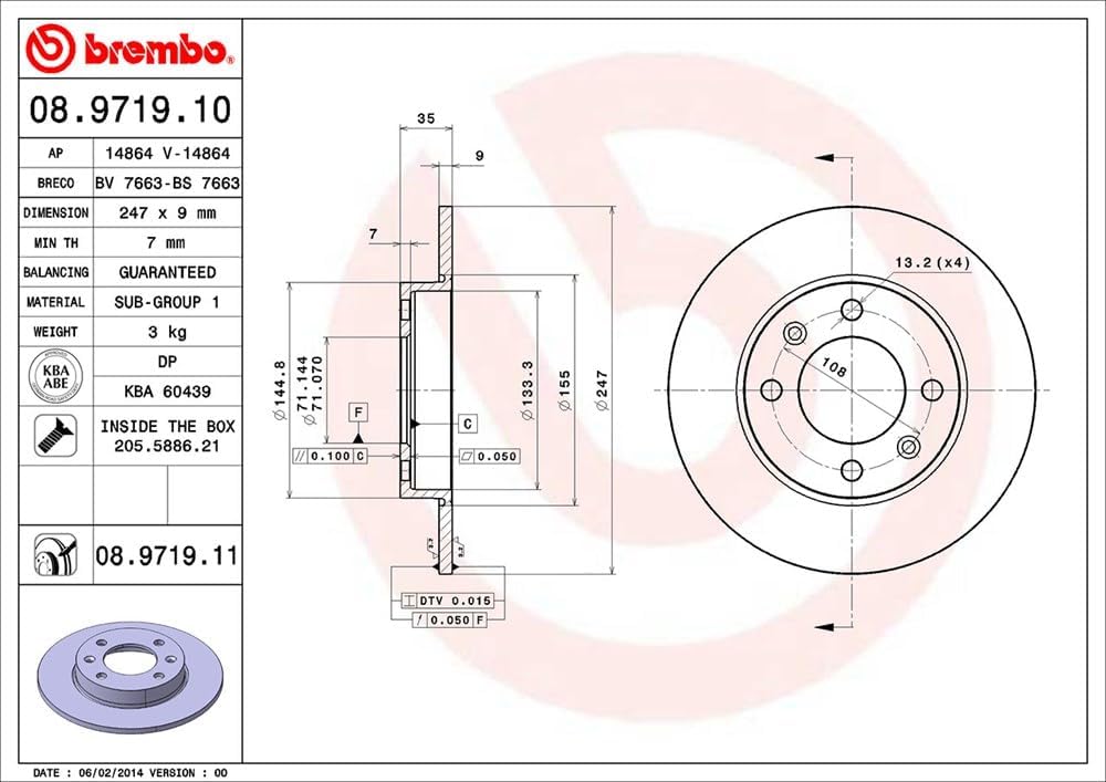 Brembo 08.9719.11 Hintere Bremsscheibe mit UV Lackierung, Anzahl 2