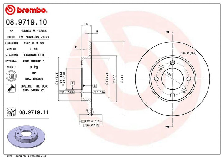 Brembo 08.9719.11 Hintere Bremsscheibe mit UV Lackierung, Anzahl 2