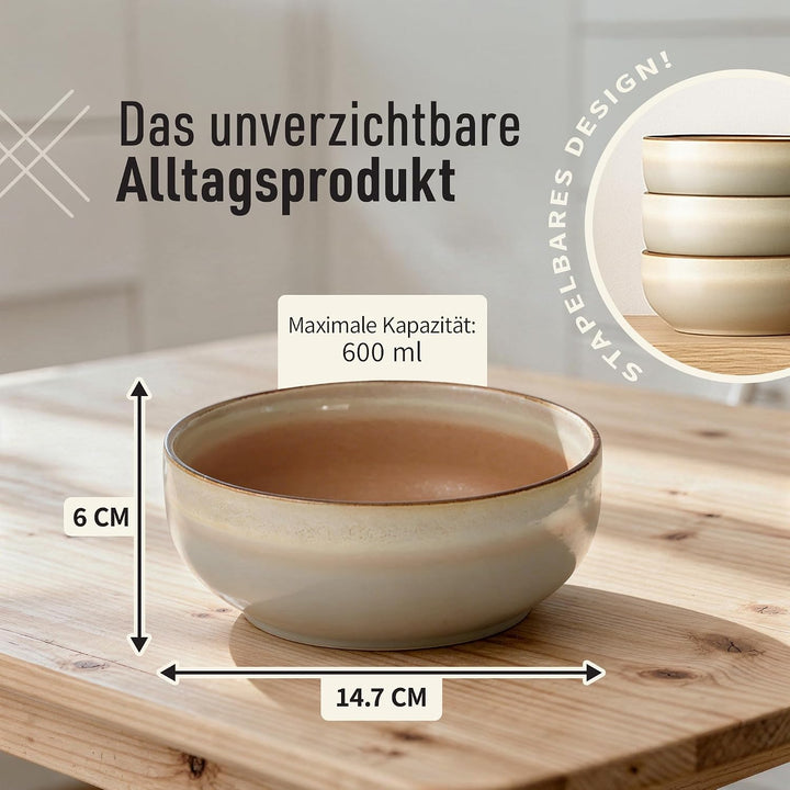 Ava Nord Steinzeug Keramik Müslischalen | 4er Set | 600ml | Salbeigrau | Bleifrei, Cadmiumfrei, Mikr