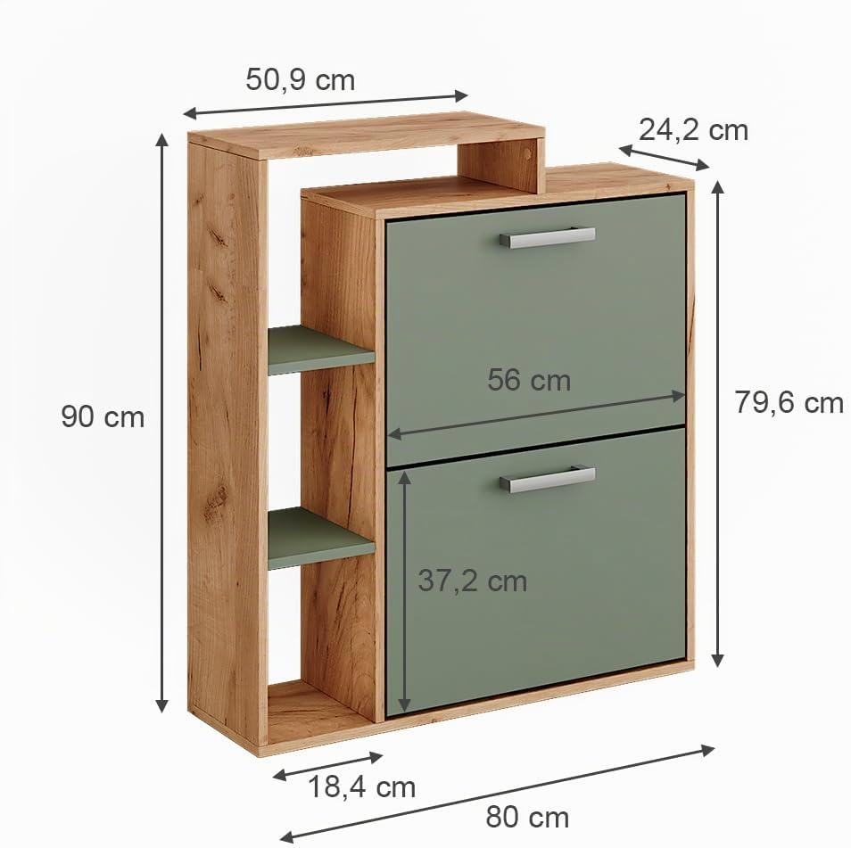 Vicco Schuhkipper Orlando, Schuhregal, Goldkraft Eiche/Grün, 80 x 90 cm Goldkraft Eiche/Grün 2 Fäche