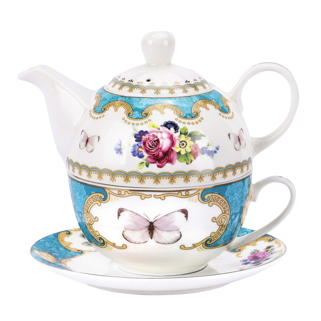 fanquare Vintage Rose Blumen Tea for One Set,Türkis Porzellan Kaffeetassen Set mit Teekanne, Tasse u
