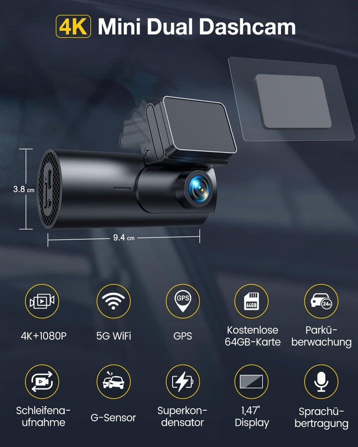 GKU 4K Dashcam Auto Vorne Hinten, 5GHz WiFi GPS, Dual Dash Cam, 1.5” IPS Mini Auto Kamera mit 64GB S