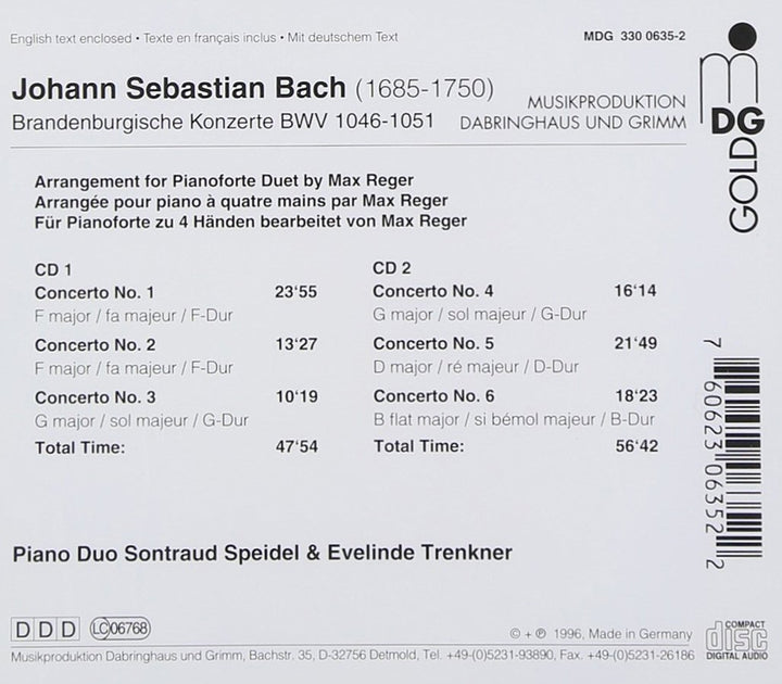 Brandenburgische Konzerte (Für Klavier zu vier Händen bearbeitet von Max Reger), Audio-CD