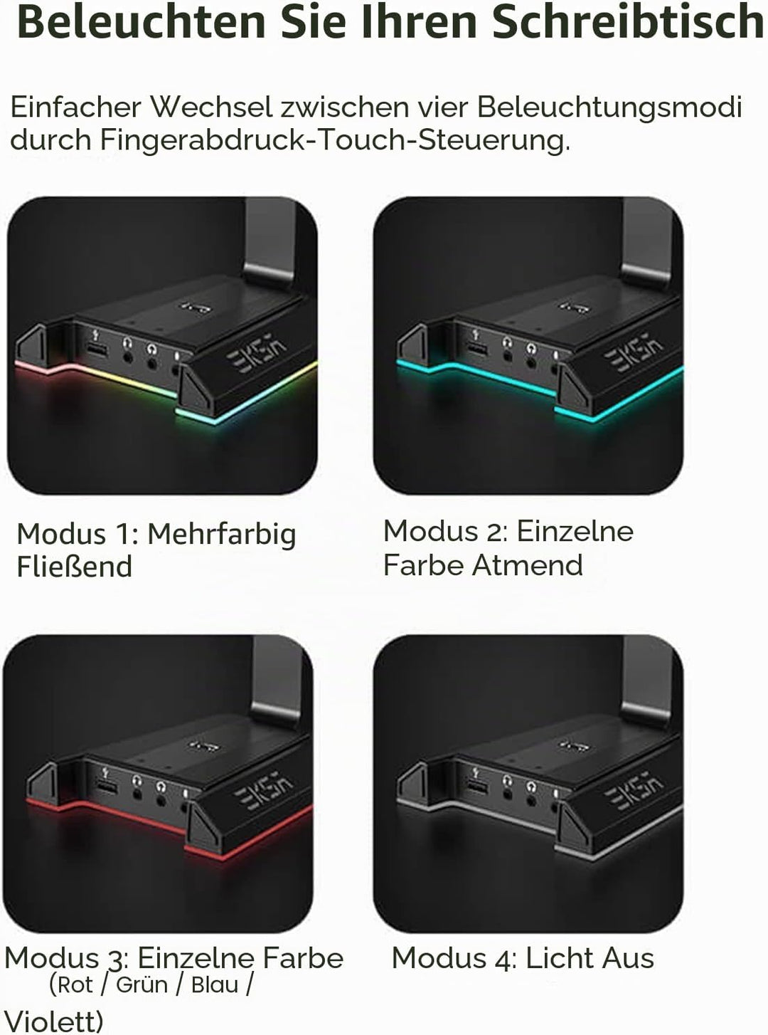 EKSA W1 Gaming Headset Ständer, Aluminium RGB Kopfhörer Halterung mit 7,1 Surround Sound, 2 USB Ansc
