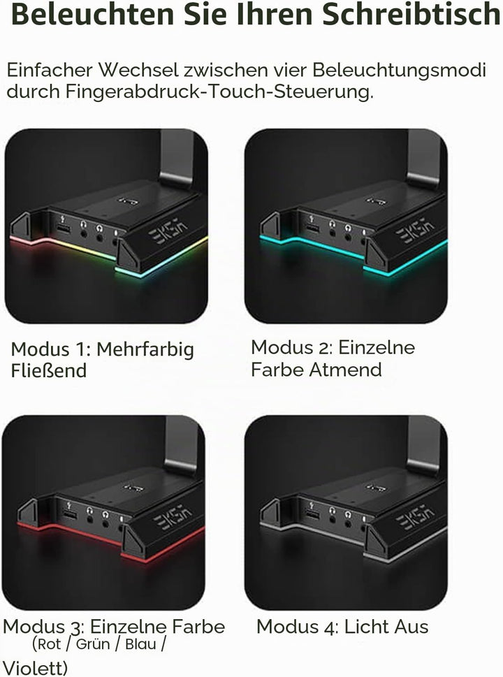 EKSA W1 Gaming Headset Ständer, Aluminium RGB Kopfhörer Halterung mit 7,1 Surround Sound, 2 USB Ansc