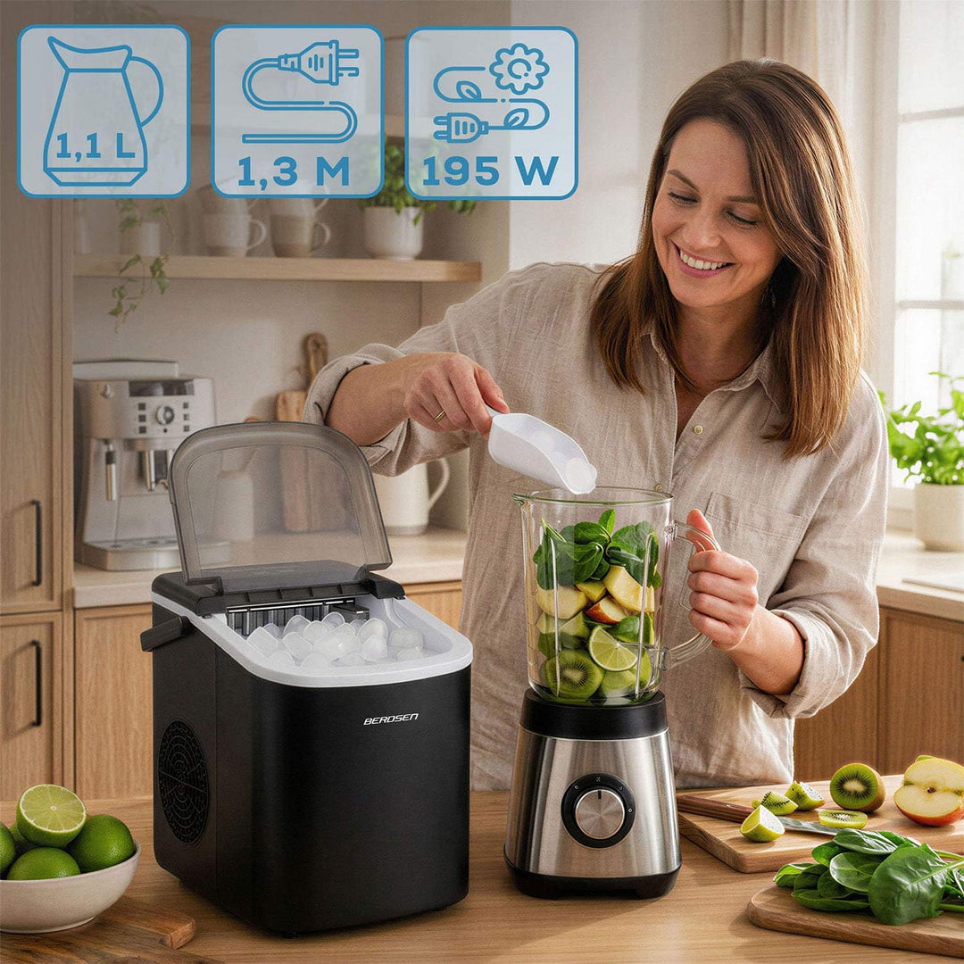 Berdsen Eiswürfelmaschine 12 kg/24 h - 9 Eiswürfel in 6-8 Minuten - Eiswürfelbereiter mit 2 Grössen