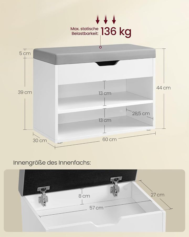 VASAGLE Schuhbank, Sitzbank, Schuhregal mit gepolstertem Kissen, Schuhorganizer mit 3 Ebenen, 30 x 6