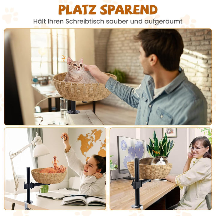 Katzenbett für Schreibtisch - 360° Drehfunktion & höhenverstellbar, Montage ohne Bohren, erweitert d