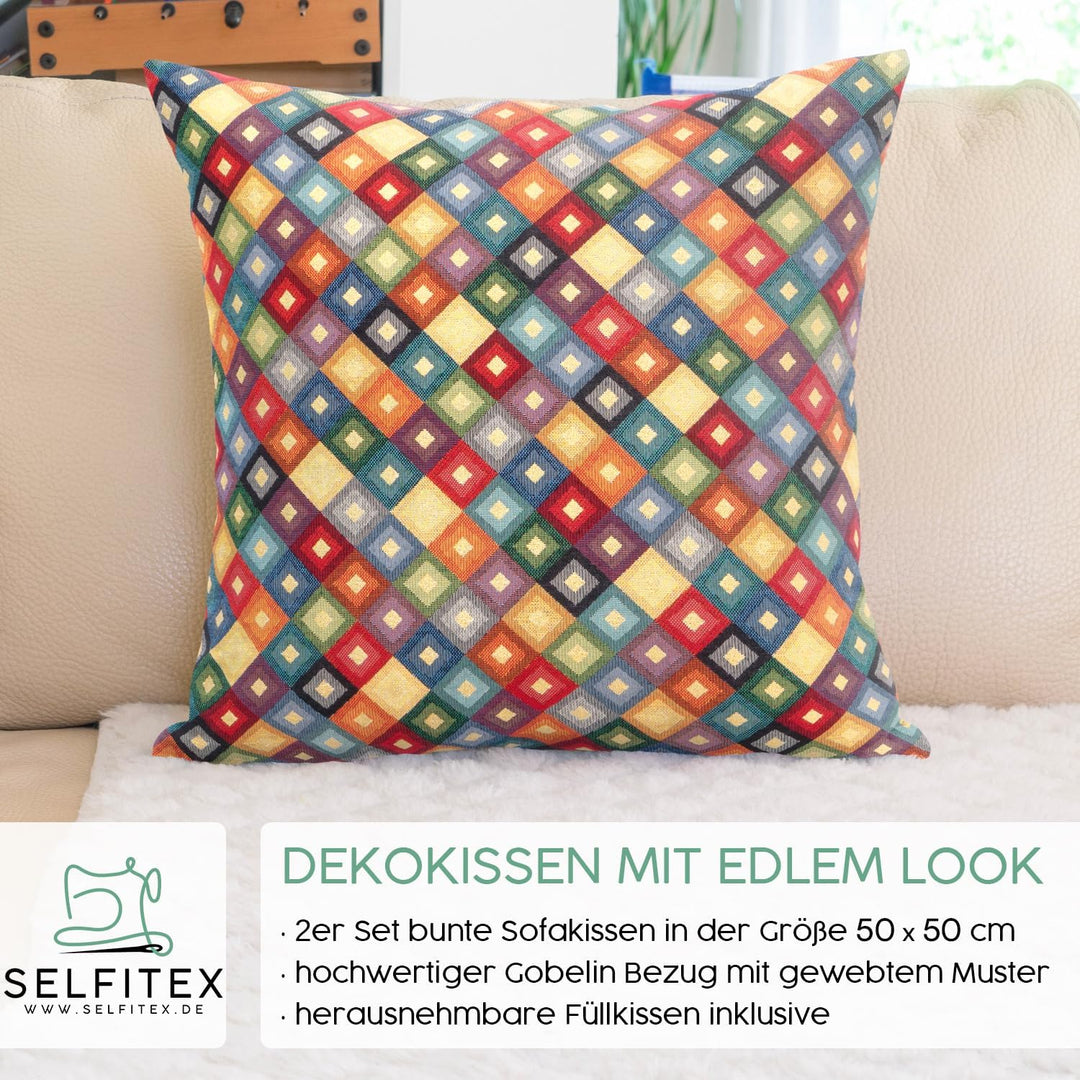 Selfitex 2er Set Bunte Couchkissen 50x50 cm, Sofakissen mit Füllung und Bezug, kuschelweiches Leseki