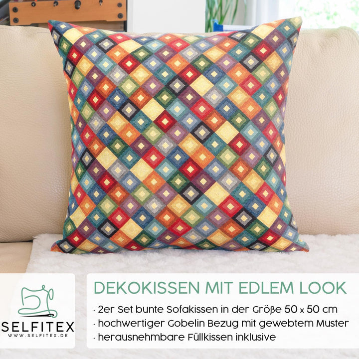 Selfitex 2er Set Bunte Couchkissen 50x50 cm, Sofakissen mit Füllung und Bezug, kuschelweiches Leseki