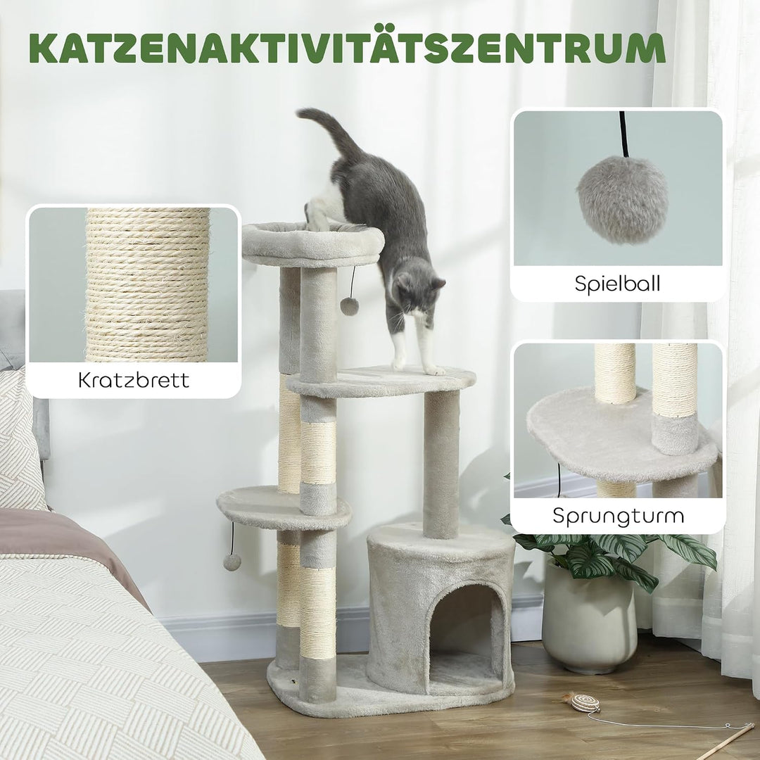 PawHut Kratzbaum 114 cm mit Höhle Spielball für Katzen unter 6 kg Hellgrau | Katzenturm, Sisalstämme