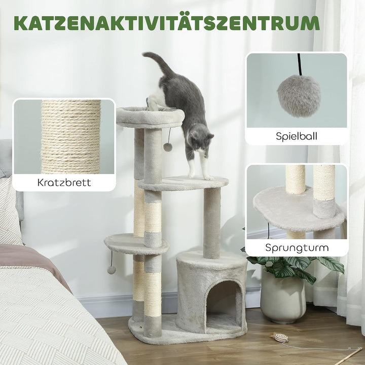 PawHut Kratzbaum 114 cm mit Höhle Spielball für Katzen unter 6 kg Hellgrau | Katzenturm, Sisalstämme