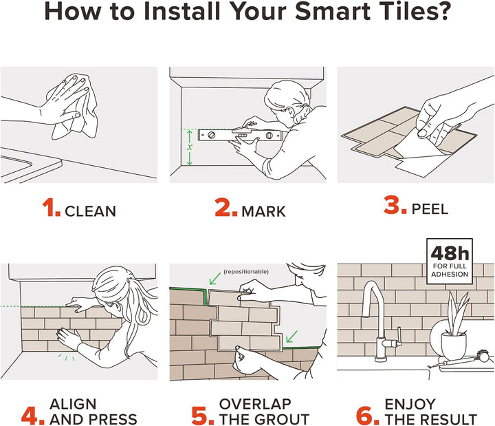 SMART TILES Fliesenspiegel zum Abziehen und Aufkleben – 5 Blatt à 29,4 x 21,3 cm – 3D-Klebefolie zum