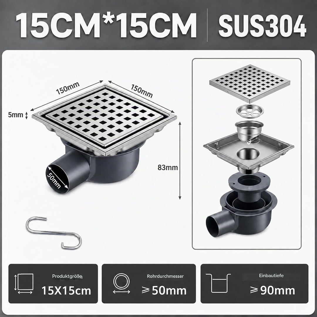 Duschrinne Quadratisch Edelstahl Bodenablauf mit 360° Siphon Geruchsstop, 15x15CM Bodenablauf Dusche