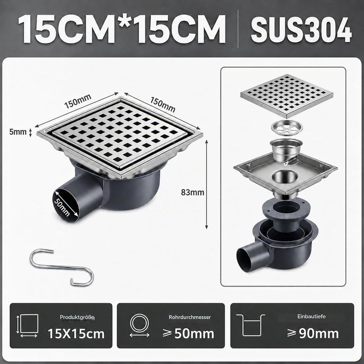 Duschrinne Quadratisch Edelstahl Bodenablauf mit 360° Siphon Geruchsstop, 15x15CM Bodenablauf Dusche