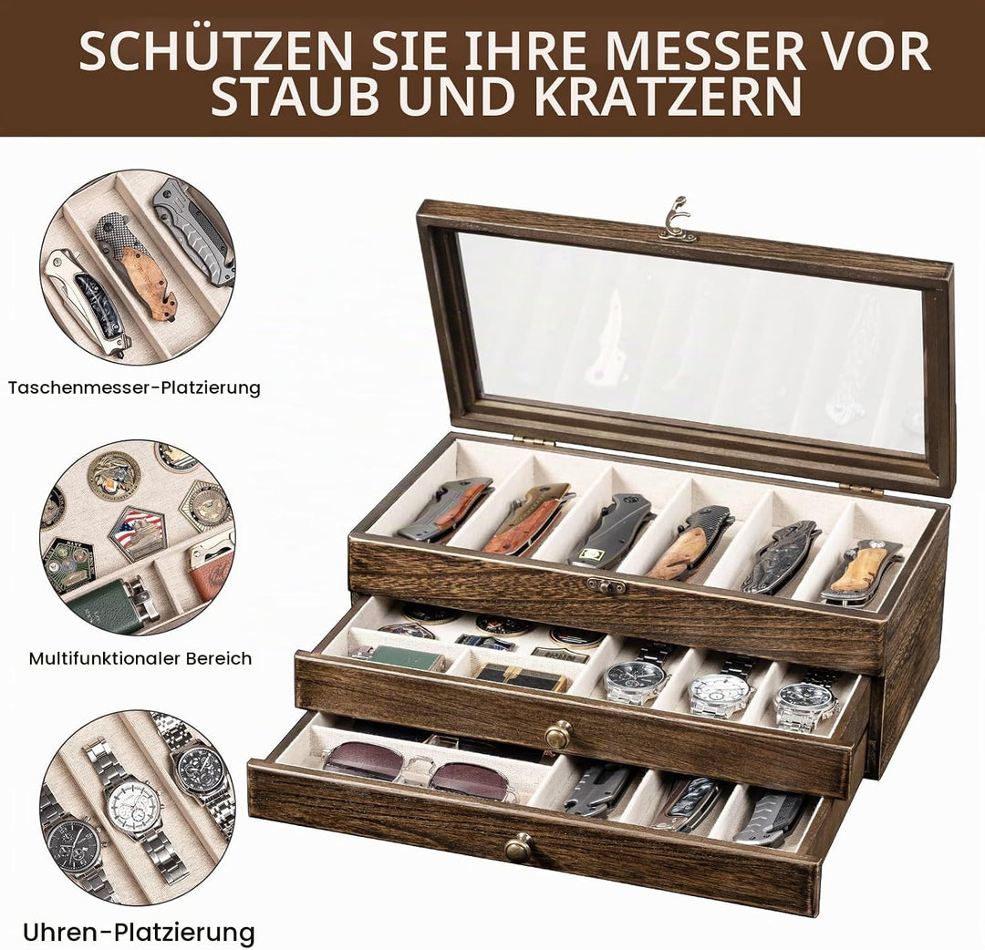 Messerhalter, 3-stöckige Messerständer, Messer-Vitrine für Messersammlungen mit transparentem Deckel