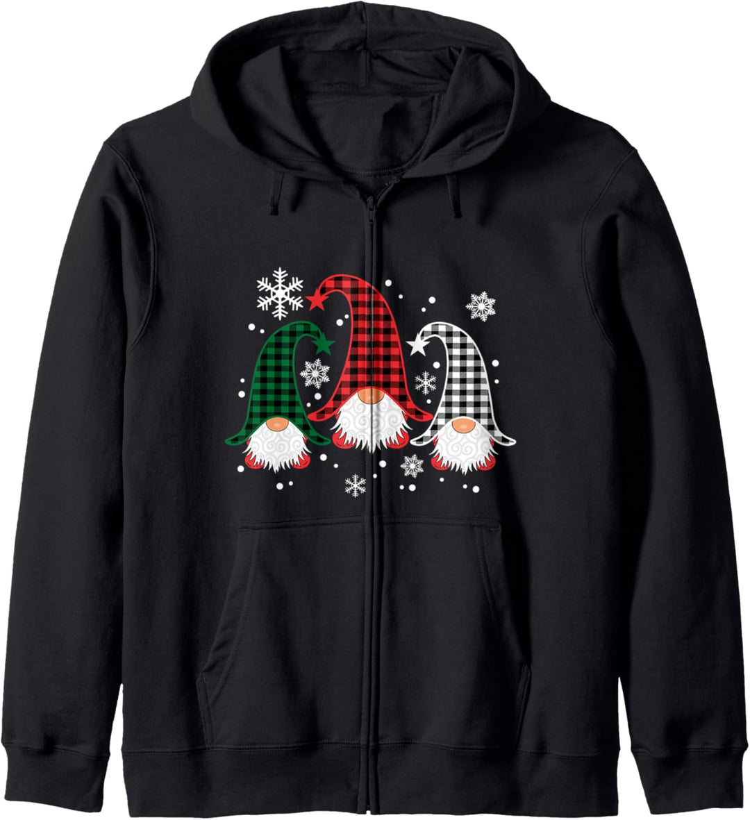 Drei Gnome-Büffel-karierte Weihnachtsschneeflocken Kapuzenjacke