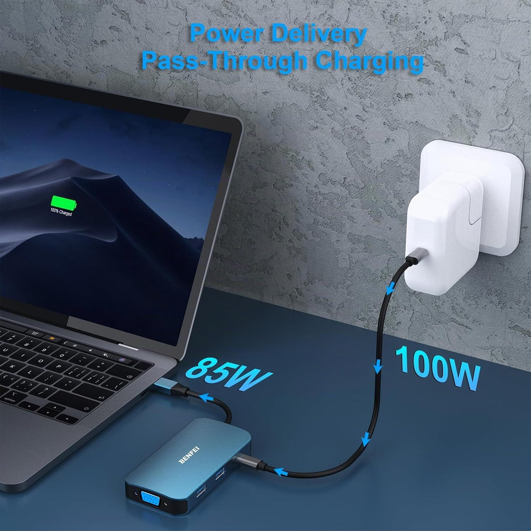 BENFEI USB C MST HUB 8-in-1, USB-C HUB mit USB-C zu 2*HDMI/1*VGA, USB-C zu 3*USB 3.0/100W Power Deli