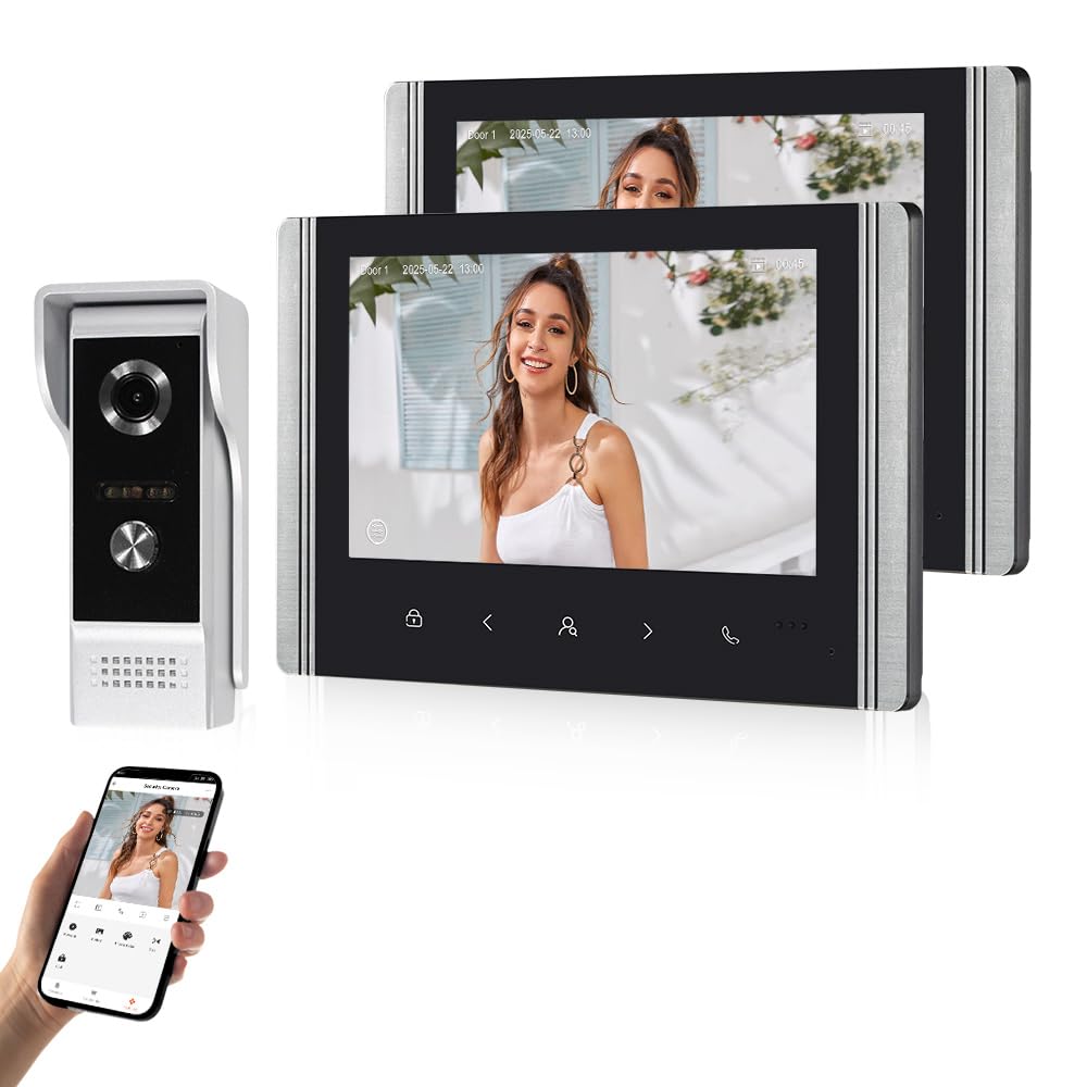 WLAN Video-Intercom-System für Zuhause, 1080P HD Türglocke Kamera mit 2 Monitoren, 7 Zoll IPS Bildsc