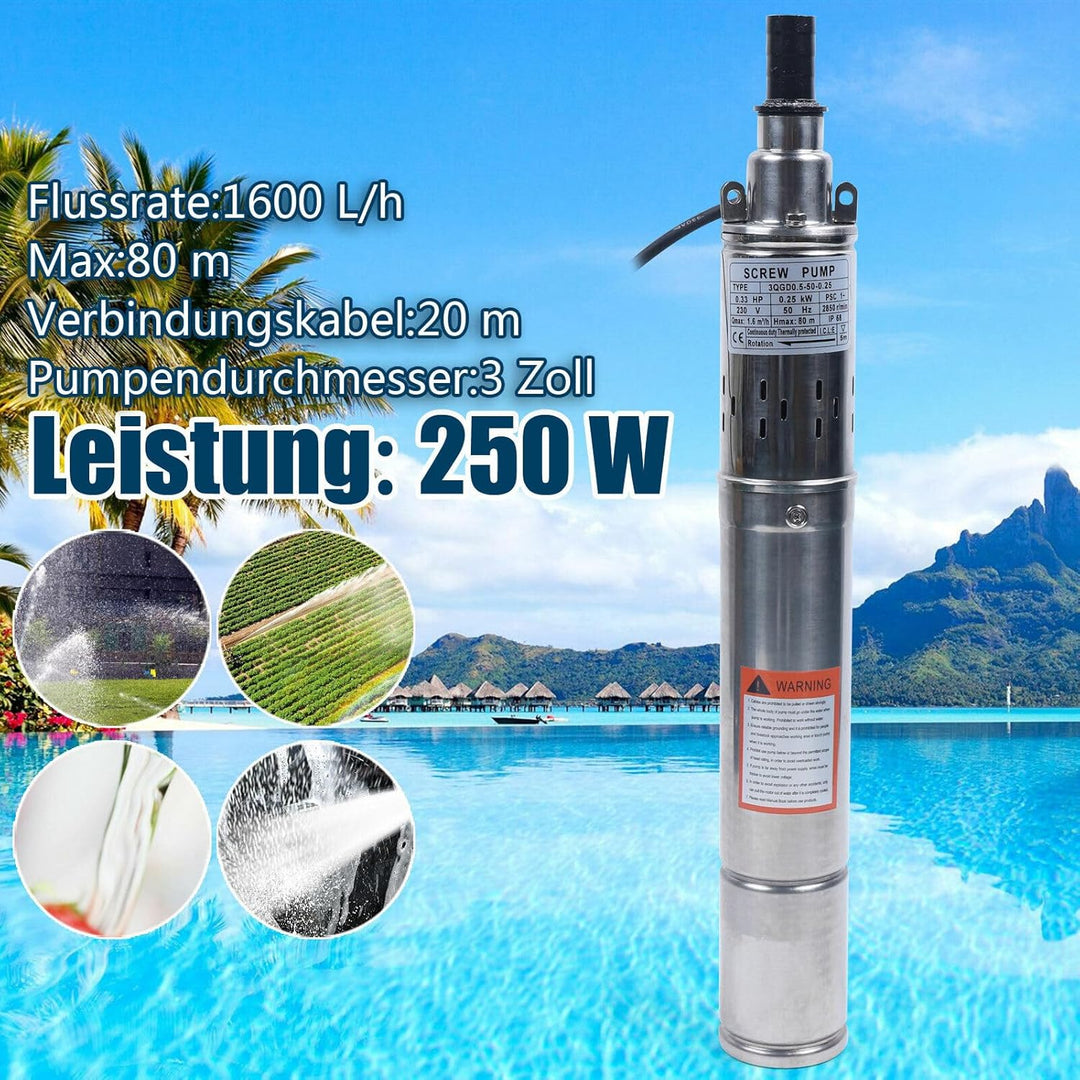 3" Zoll 250W Tiefbrunnenpumpe Brunnenpumpe Schraubenpumpe Tauchpumpe 1600 L/h