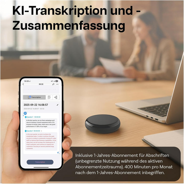 KI-Sprachrekorder von MMOBIEL – 32GB Rundes Digitales Diktiergerät mit App-Steuerung, KI-Transkripti