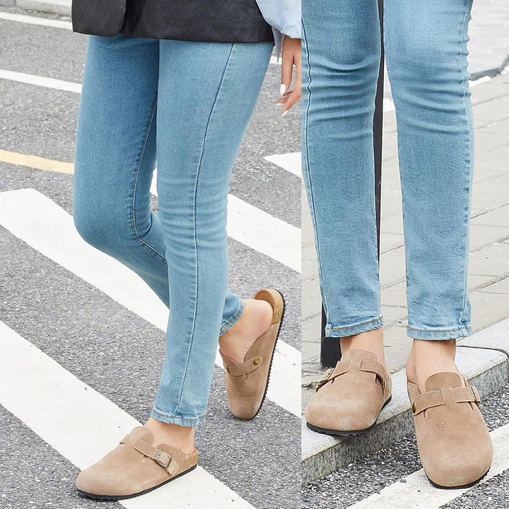 Intini Clogs Damen Herren Hausschuhe mit Fussbett Leder Pantoletten Gartenschuhe Geschlossene Bequem