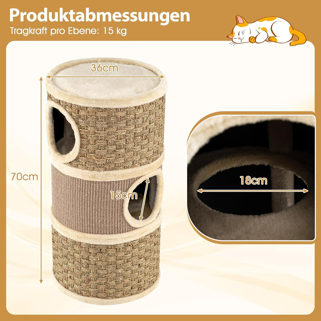 COSTWAY Kratztonne, Ø 36 cm, 70 cm hoch, Katzentonne mit Seegras-Seil, Sisal-Kratzbrett, 3 Höhlen, P