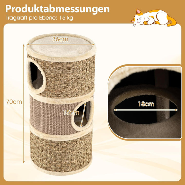 COSTWAY Kratztonne, Ø 36 cm, 70 cm hoch, Katzentonne mit Seegras-Seil, Sisal-Kratzbrett, 3 Höhlen, P