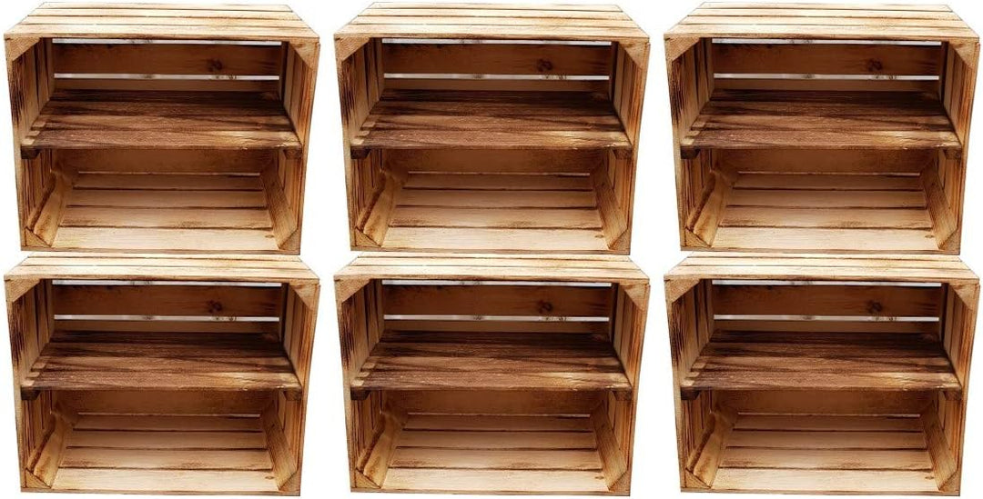 Massive Holzkisten als Schuhregal / Bücherregal LEICHT GEFLAMMT mit Zwischenbrett (verschraubt) Apfe