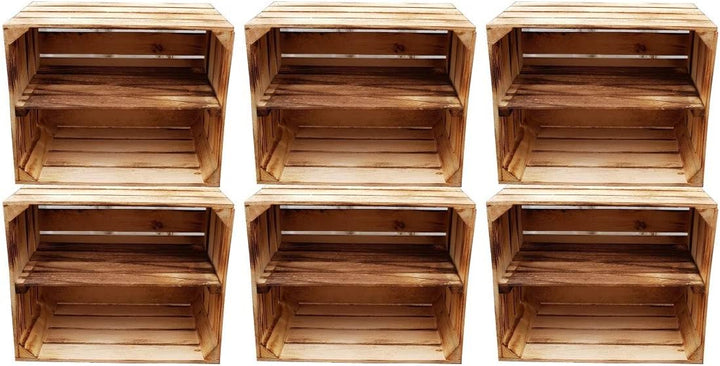Massive Holzkisten als Schuhregal / Bücherregal LEICHT GEFLAMMT mit Zwischenbrett (verschraubt) Apfe