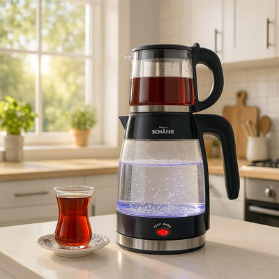 Teekocher Wasserkocher Edelstahl - Schwarz Glänzend - mit Teesieb Abschaltautomatik und Warmhaltefun
