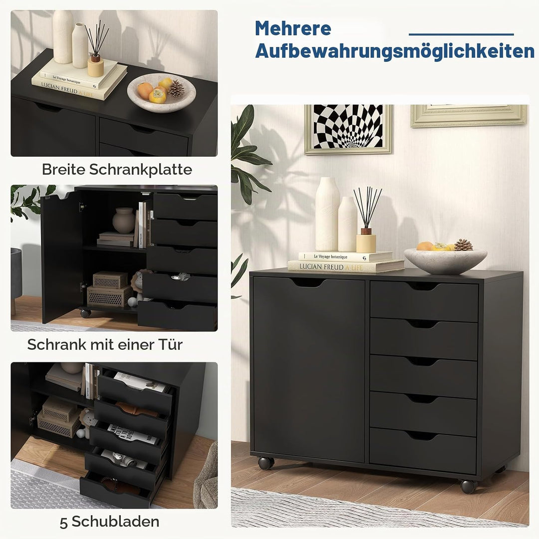 KOMFOTTEU Aktenschrank mit Rollen, Rollcontainer mit 5 Schubladen, Schubladenschrank Bürocontainer D