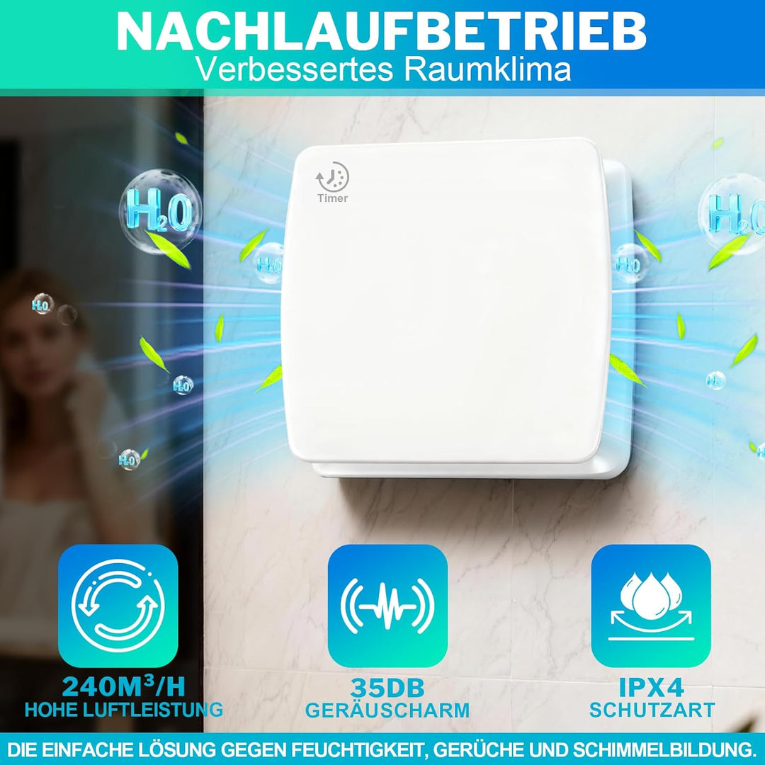 XIIW Badlüfter 150mm mit Nachlauf, 18W Leiser Abluftventilator Lüfter mit Rücklaufklappe, Effiziente