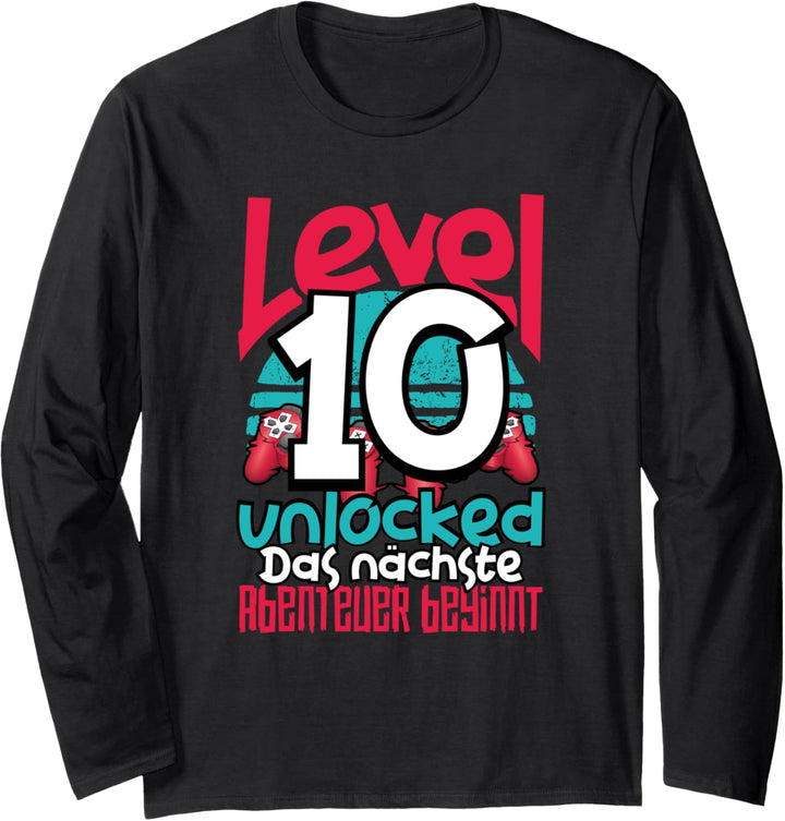 Level 10 Unlocked Gamer 10th Birthday Gift Cool Retro Gaming Langarmshirt