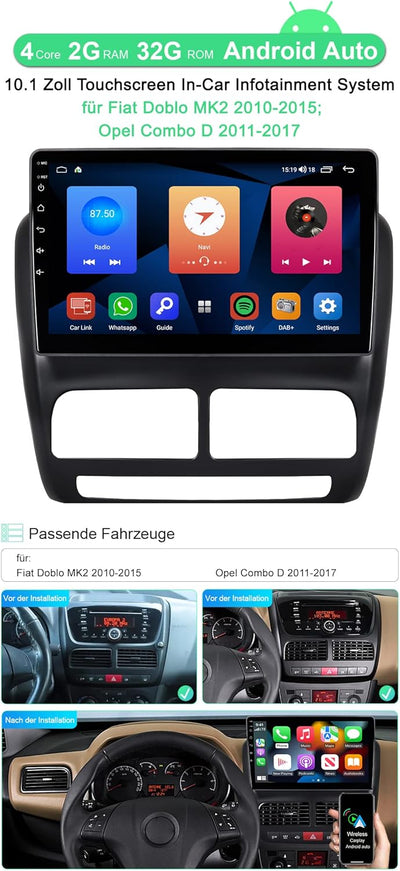 ACAVICA Android Autoradio Navi für FIAT Doblo MK2 2010-2015; Opel Combo D 2011-2017, mit 10.1" 1280×