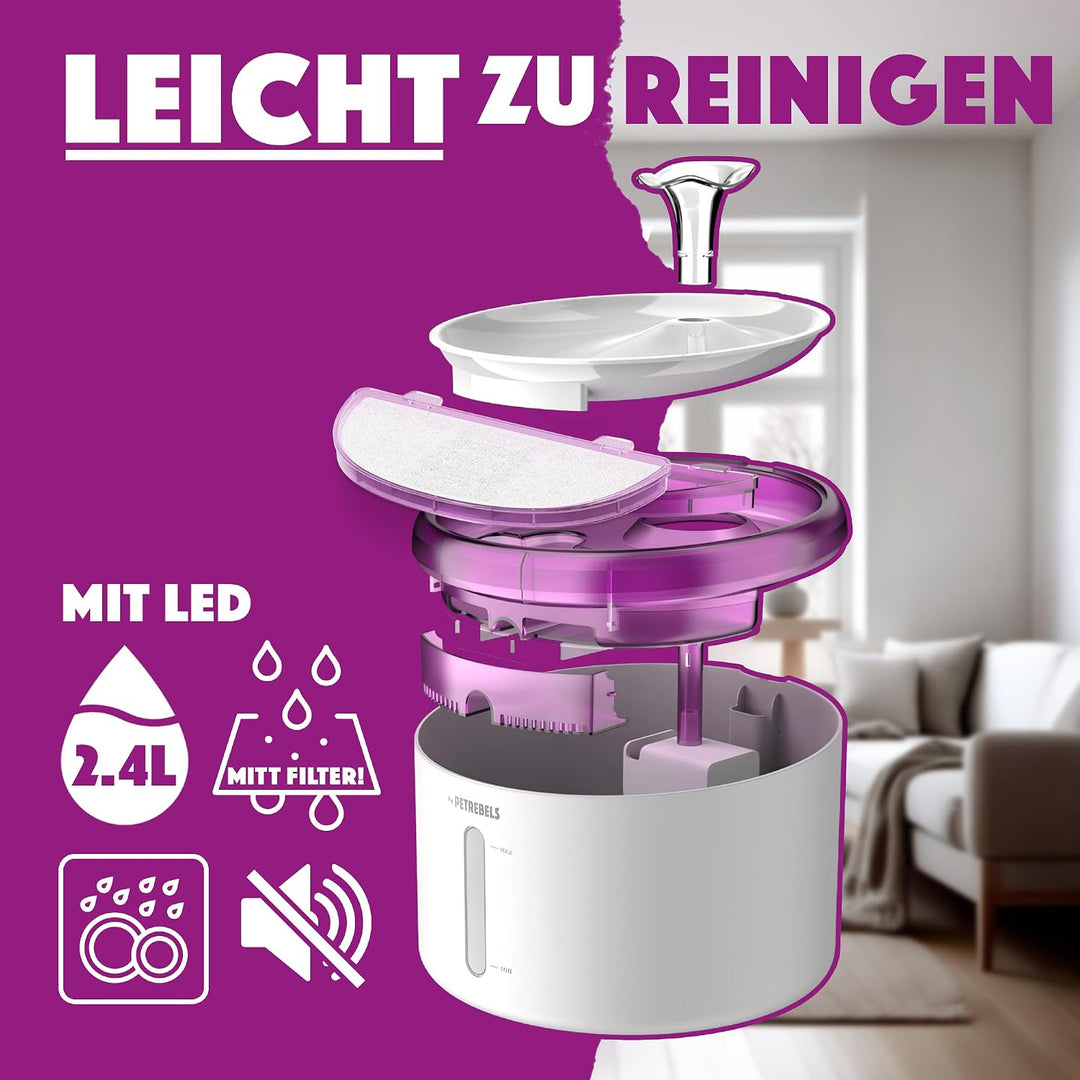 Petrebels Trinkbrunnen für Katze, Spring 20 Katzenbrunnen, mit LED, Ultra Leise, mit Aktivkohlefilte