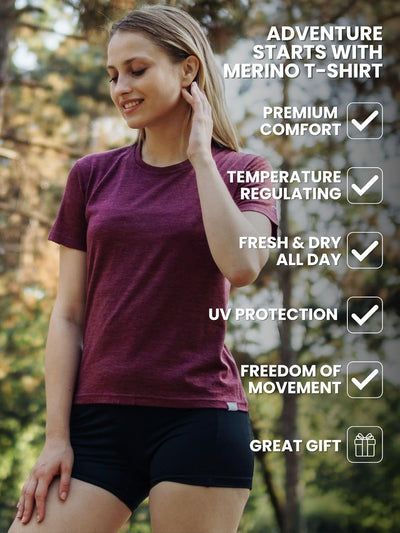 Merino.tech 100% Merino T Shirt Damen - Merinowolle Sport Wandern Thermoshirt Damen + Wandersocken L