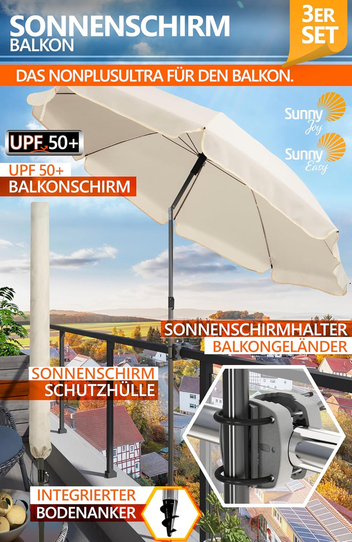 4smile Sonnenschirm Balkon SunnyJoy, 3-in-1 SET, Beige - UPF 50+ Sonnenschirm Ø 180 cm + Sonnenschir